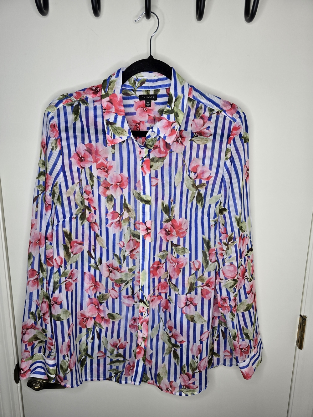 Talbots Blue & Pink Floral Stripe Sheer Shirt